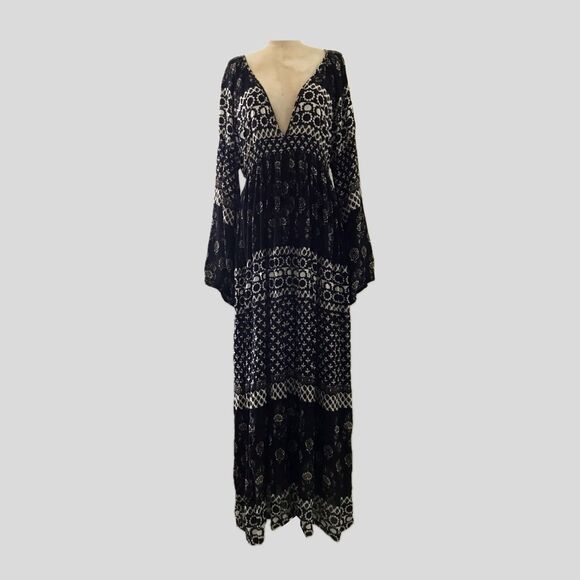Raga Black Floral V Neck Long Sleeve Flowy Bohemian Casual Maxi Dress M - Picture 1 of 7